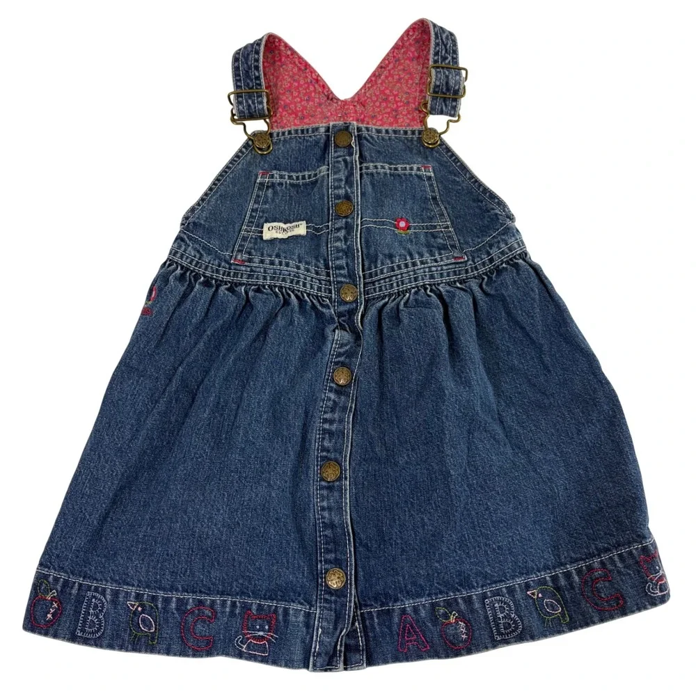 OshKosh B'gosh Kids‎ Denim Overalls Dress ABC Embroidered Flower Cute Size 2T
